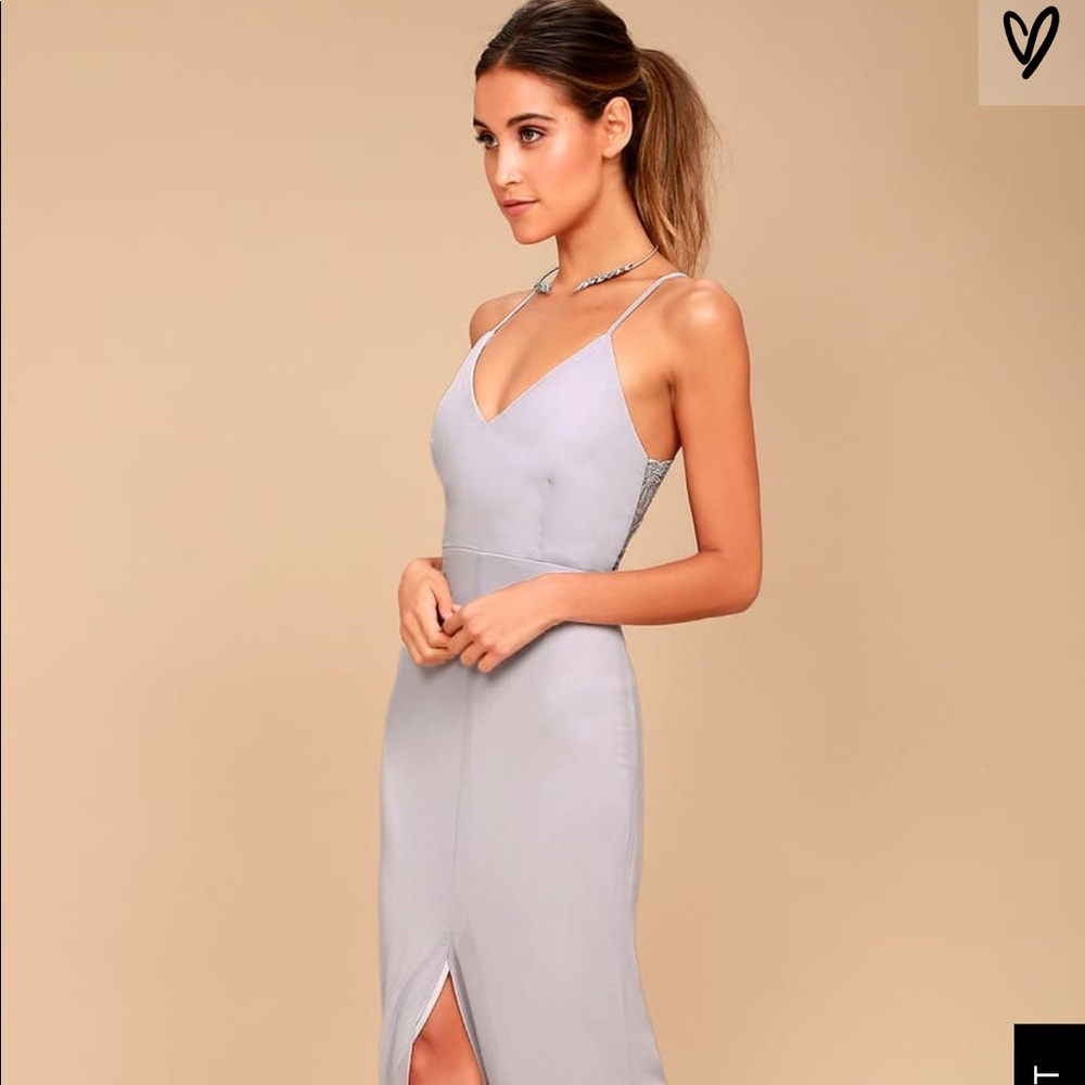 Grey Backless Lace Maxi Dress from Lulus